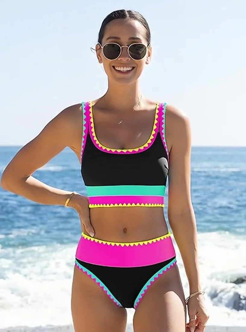 Women's Bikinis And Tankinis High Waist Color-blocked Zigzag Swimsuit 2026 Three Piece Cover-ups Bikini Beach Vacation Swimwear