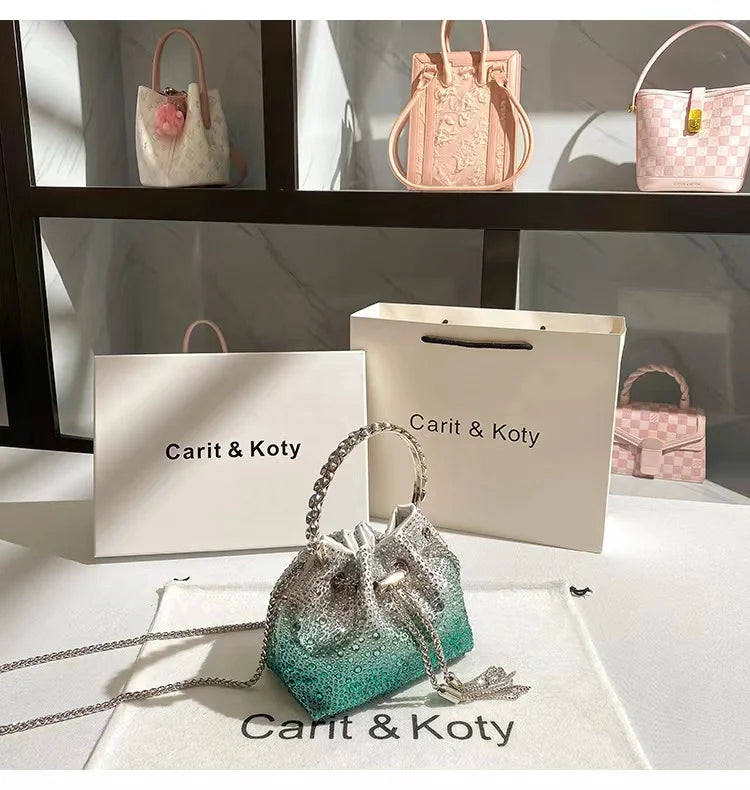 Crystal Shiny Diamonds Bucket Bag Fashion Women Handbag Metal Ring Handle Evening Bag Wedding Party Clutch Purse Crossbody Bag