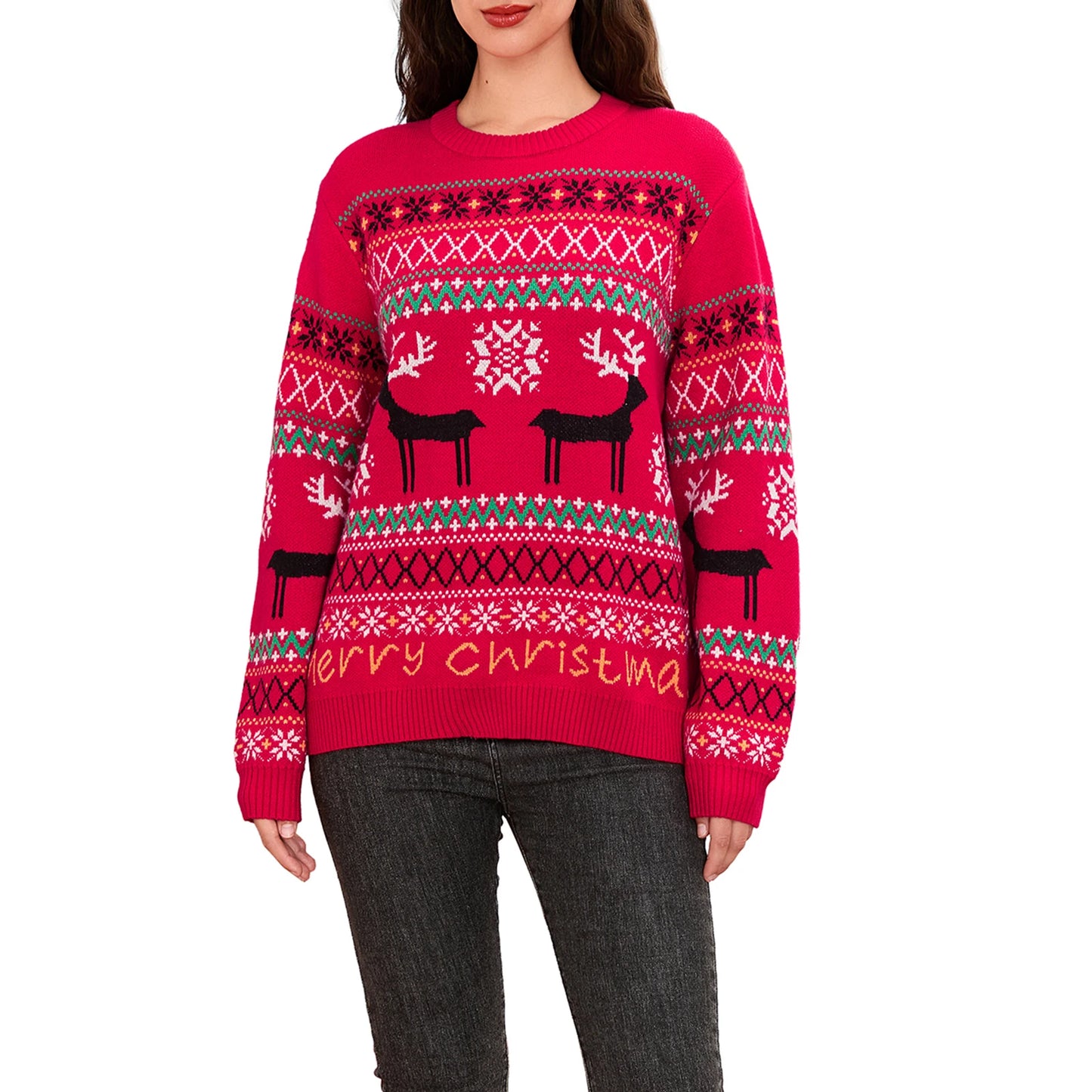 Women Christmas Knit Sweater Letter Deer Snowflake Print Long Sleeve Round Neck Pullovers Fall Winter Casual Jumpers Tops