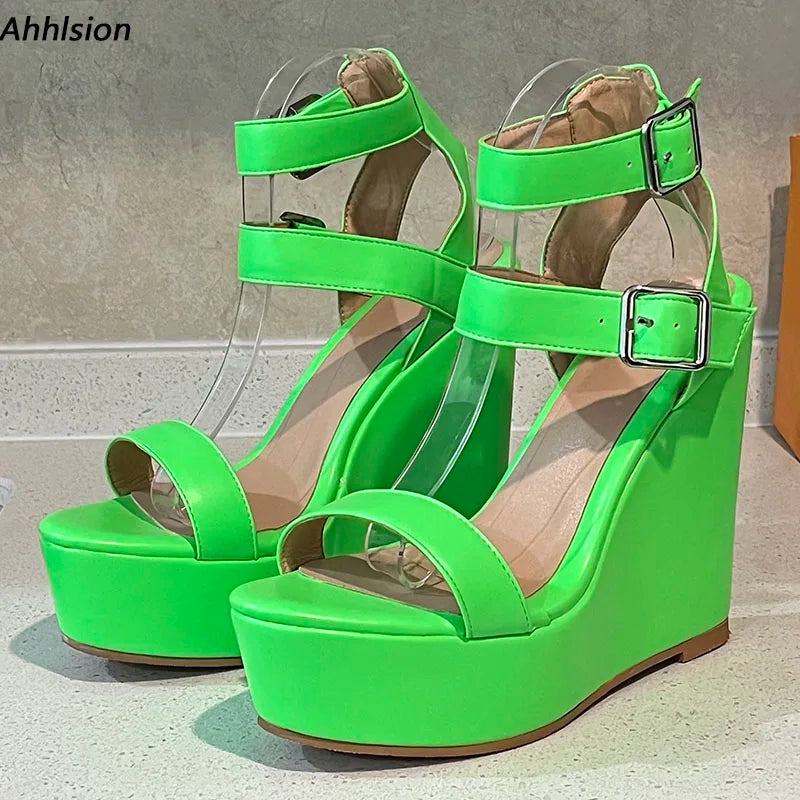 Yellow Open Toe Buckle Platform Wedge Sandals For Women