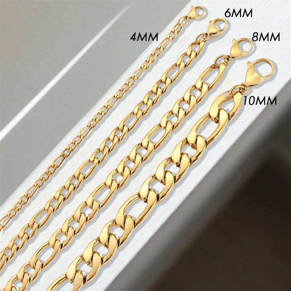 Gold Tone Stainless Steel Figaro Chain Bracelet for Women