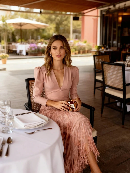 Tassel V-Neck Bodycon Maxi Dress