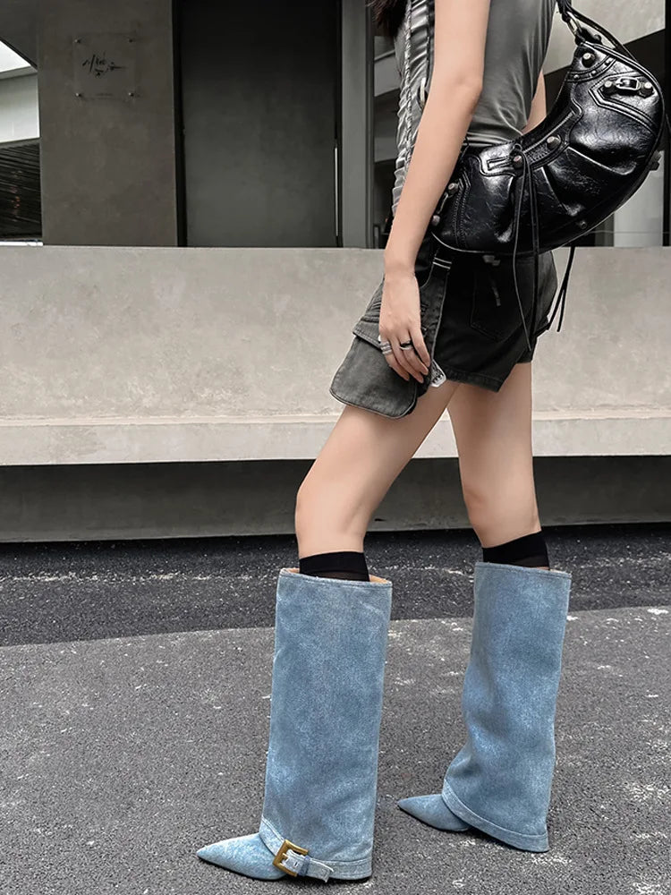 Design Women Metal High Heel Pointed Toe Belt Buckle Knee High Boots Sexy Women Pointy Gold Belt Buckle Knee Boots Plus Size 46