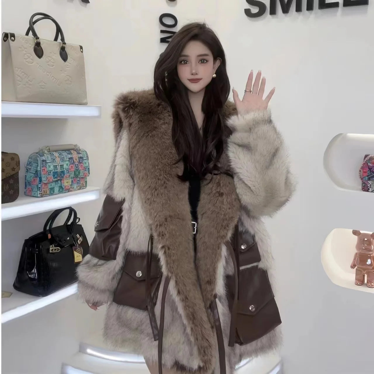 Faux Fur Coat for Women,Spliced Jacket, Lace-up Long Overcoat, Loose Thicken Warm Coat, High Quality, Female Winter, New, 2023
