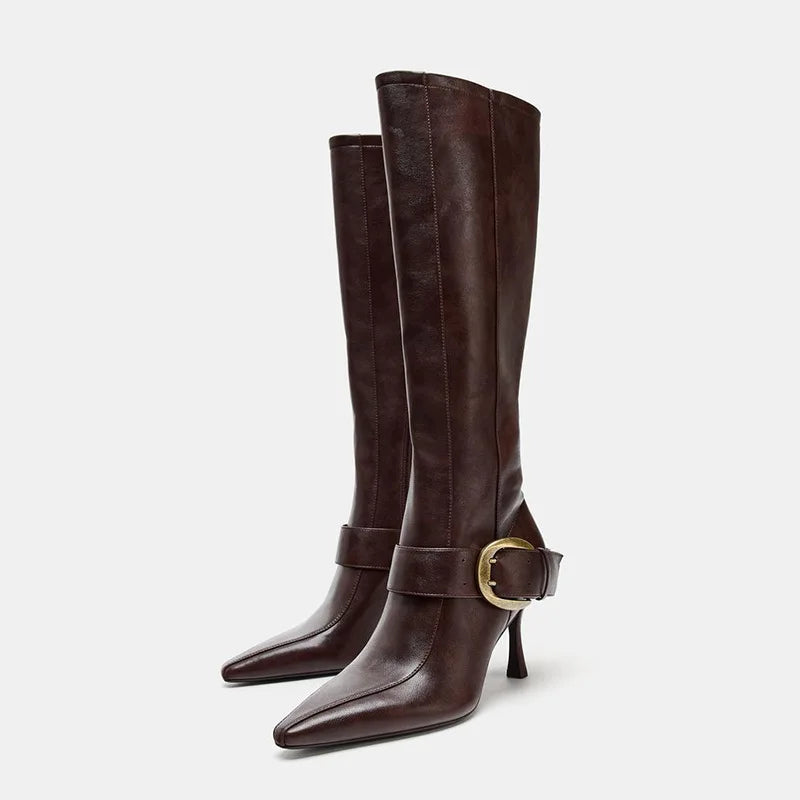 Elegant Pointed Toe Metal Buckle Mid Calf Boots for Women