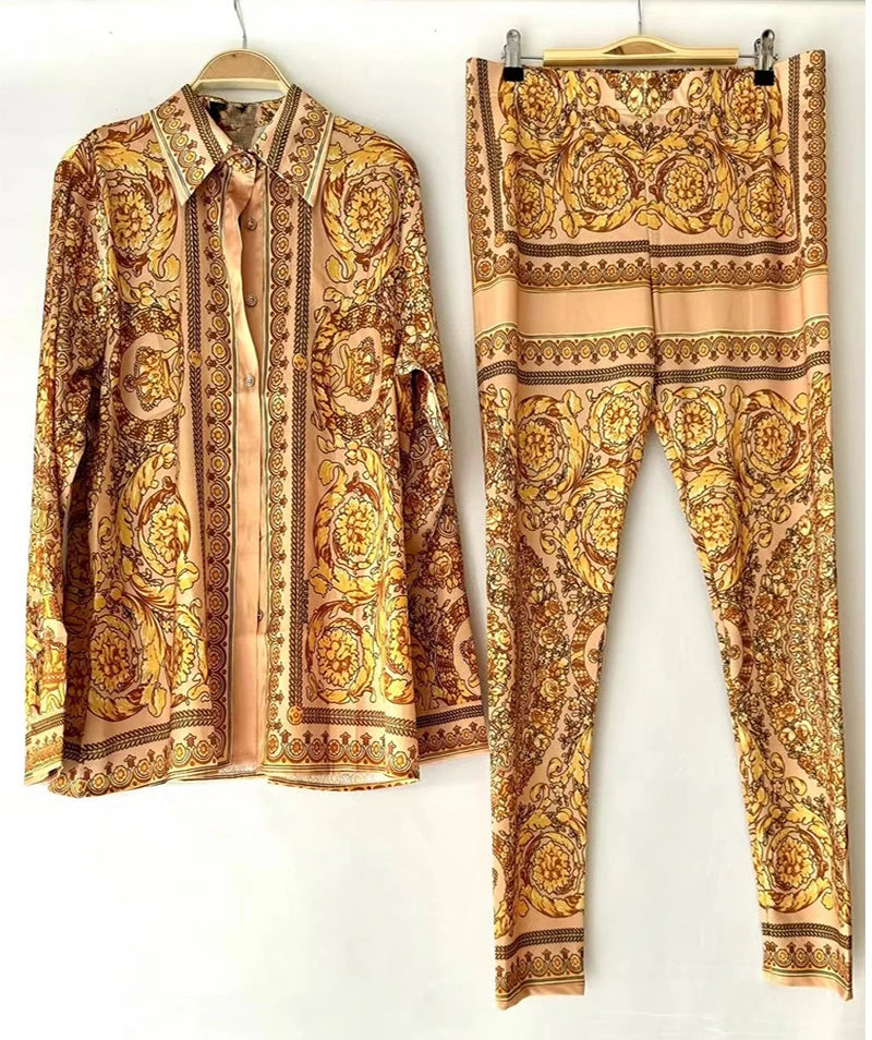 Retro Print Lapel Shirt Two Piece Suit