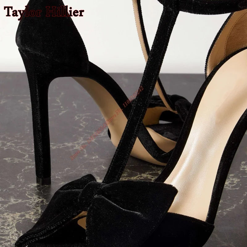 Velvet Bowknot Stiletto Sandals with Ankle Strap for Women
