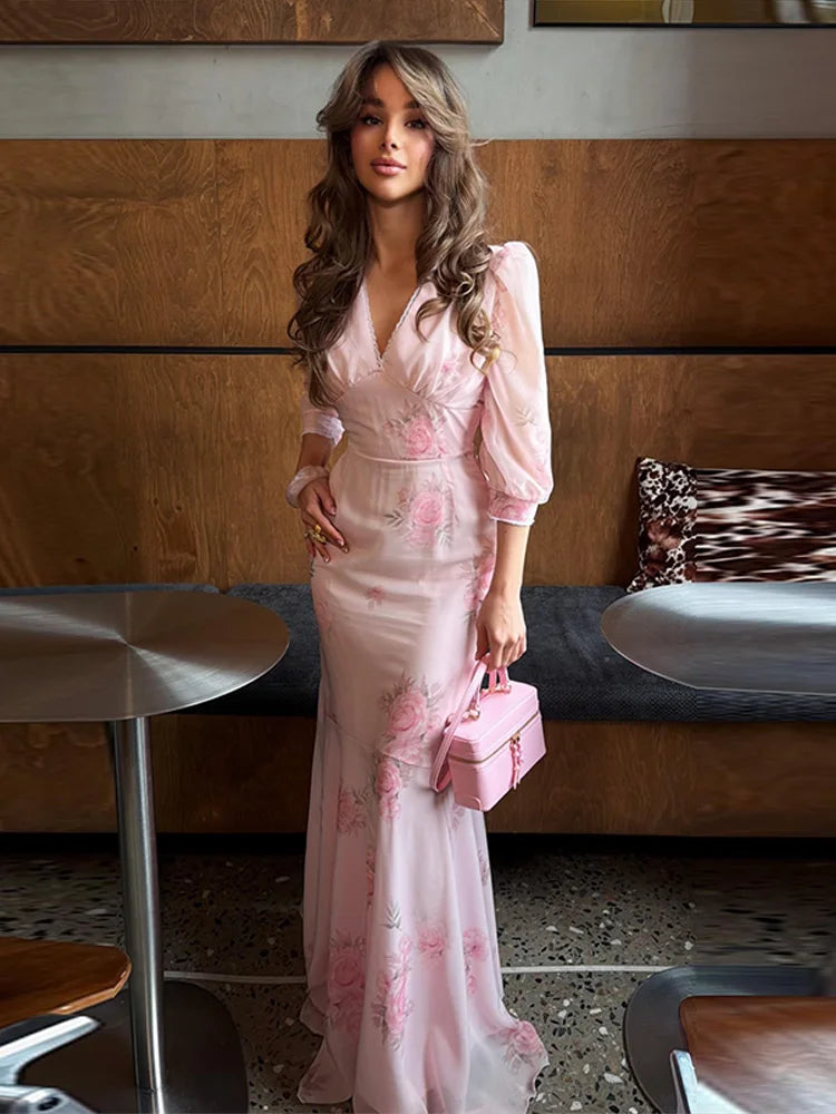 Elegant Print Pleated Puff Sleeve V Neck Long Dress for Women