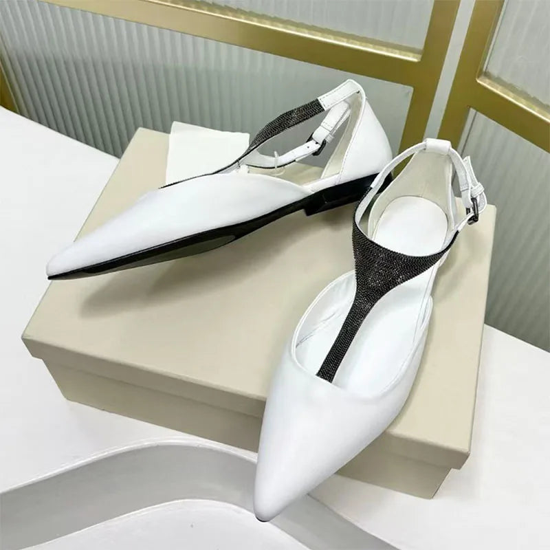 Genuine Leather Pointed Toe Flats With Beaded Ankle Strap For Women
