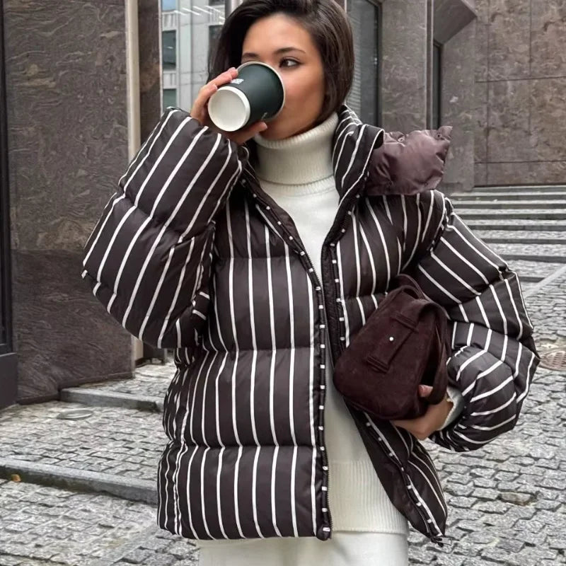 Striped Cotton Quilted Coat Single Breasted for Women