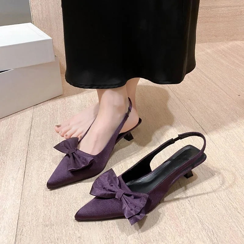 Black Pointed Toe Bow Slingback Heels
