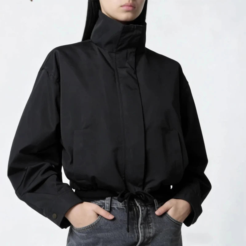 Casual Solid Jacket With Stand Collar And Pockets for Women