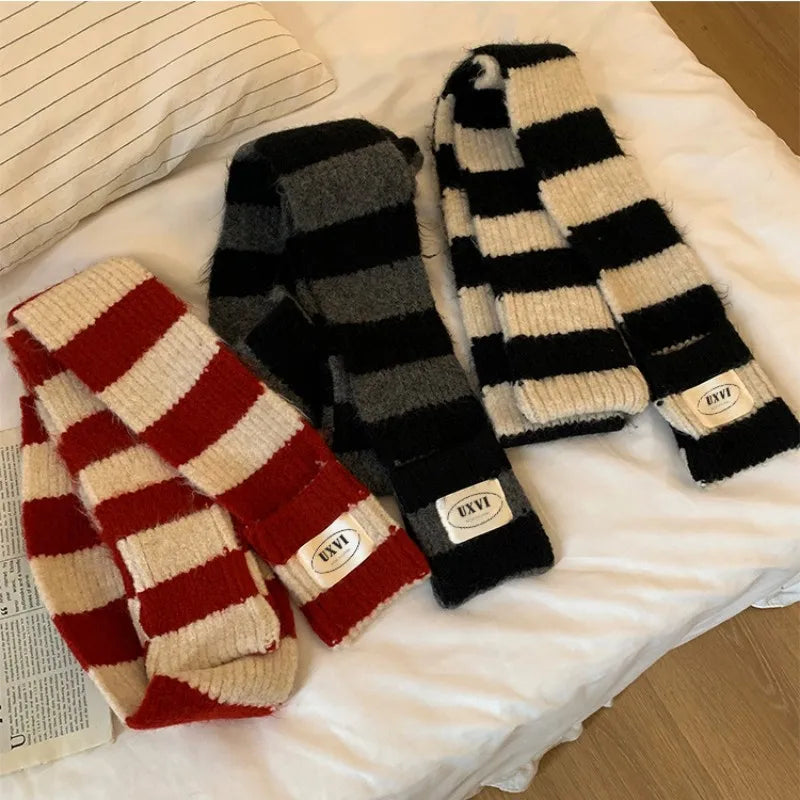 Striped Knit Scarf Wrap With Pockets