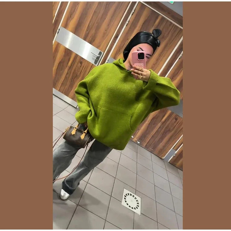 Green Women's Knit Hoodie Coat Full Sleeve Front Pocket  Casual Sweater Top 2025 Early Autumn Loose Female Knitwear Outerwear
