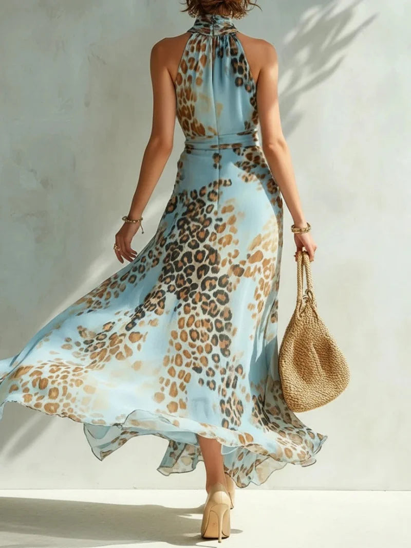 Sleeveless Leopard Print Halter Maxi Dress for Women