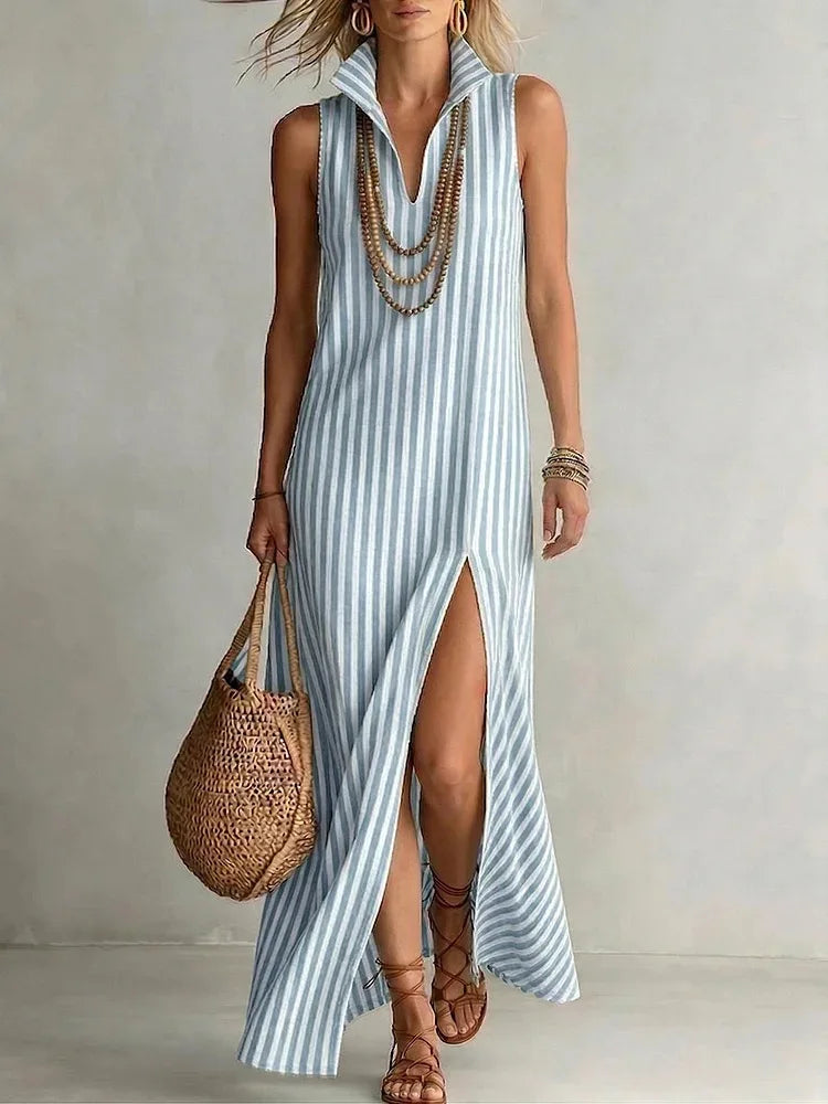 Striped Lapel Collar Sleeveless V Neck High Slit Maxi Dress for Women