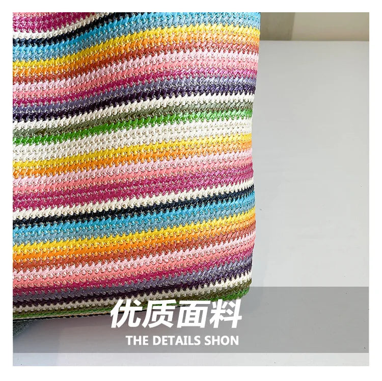 Large capacity beach woven bag, colorful striped tote bag, letter contrasting handbag for women