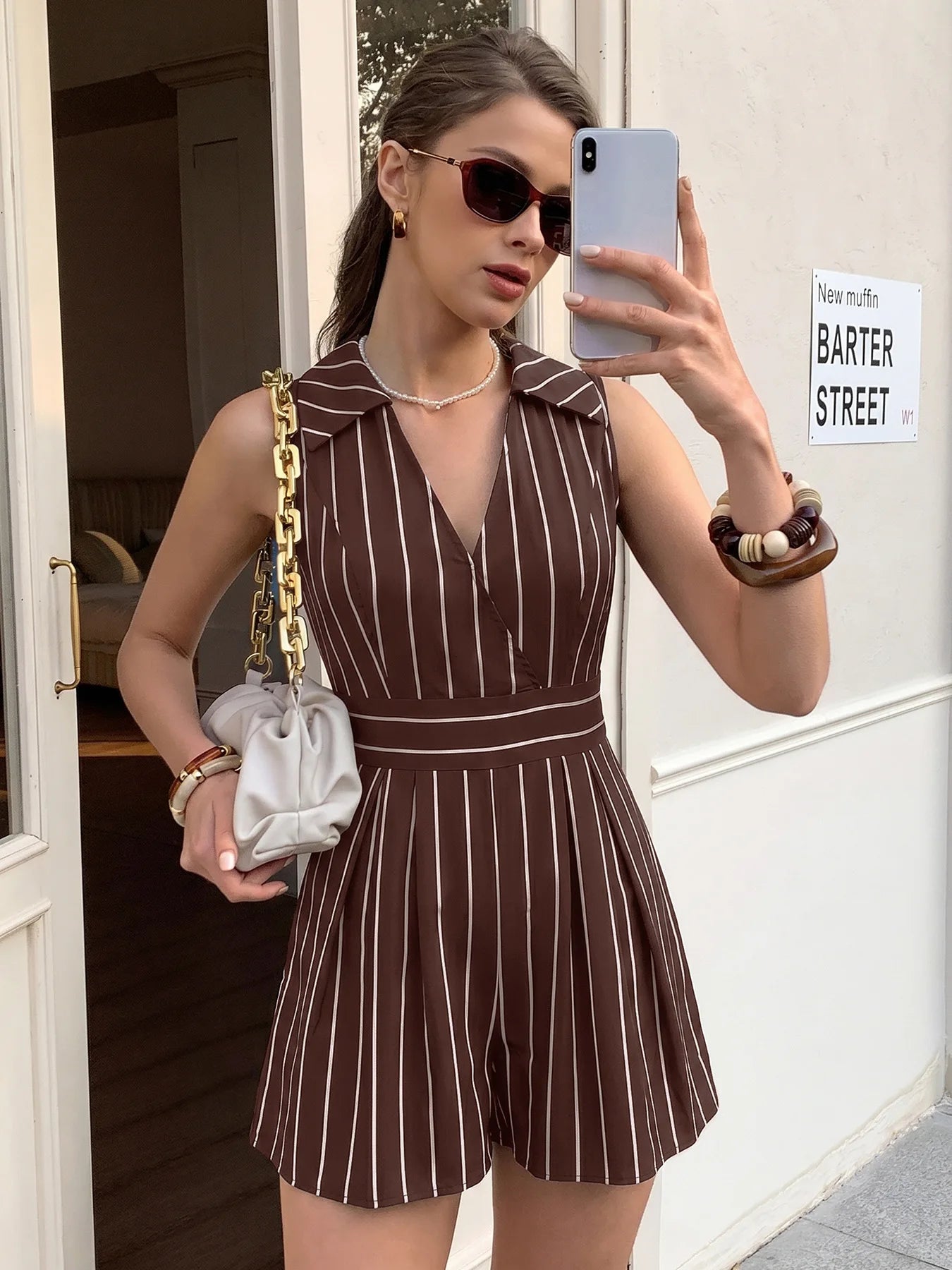 Striped Sleeveless Lapel V Neck High Waist Romper Shorts for Women