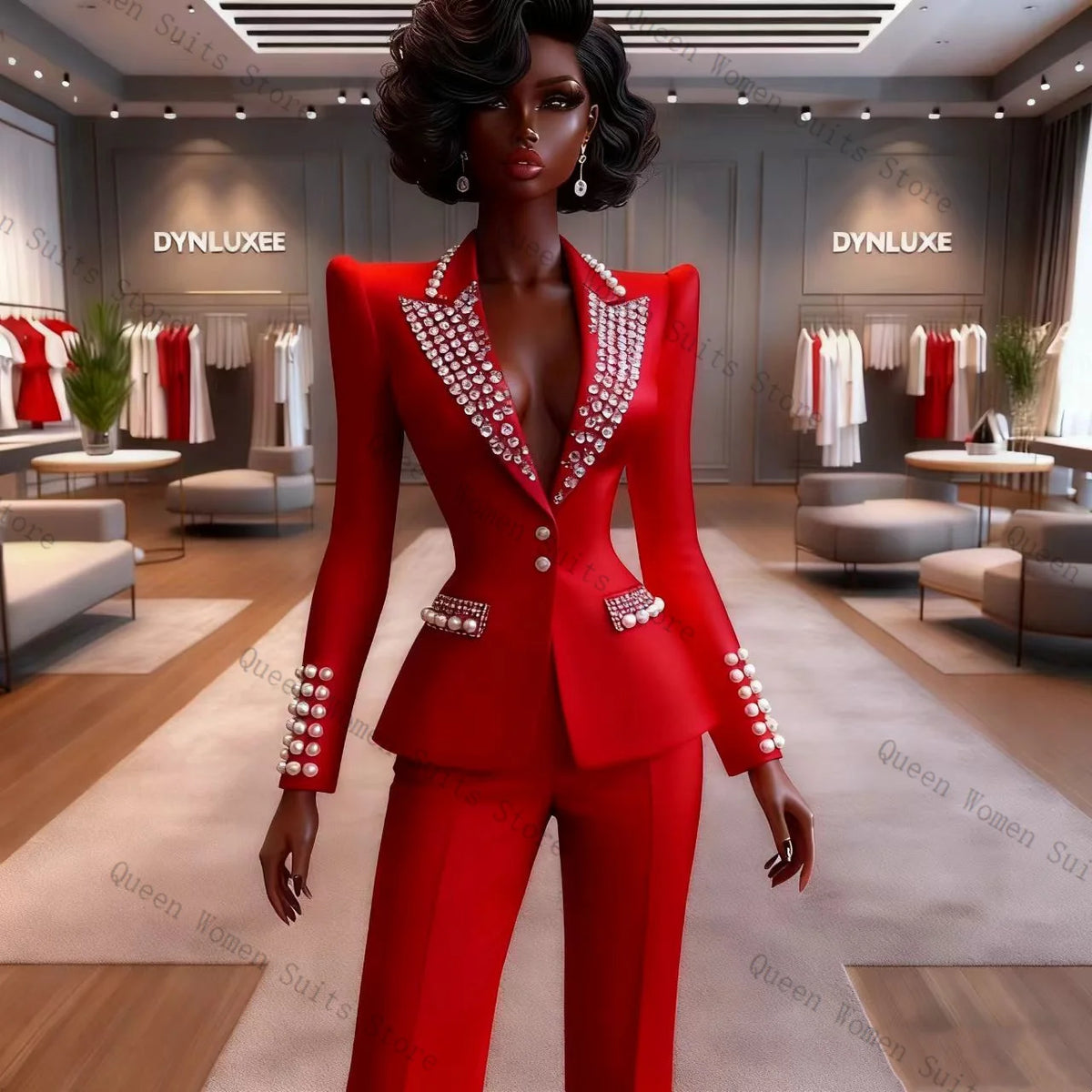 Classic Red Cotton Single Breasted Two Piece Suit For Women