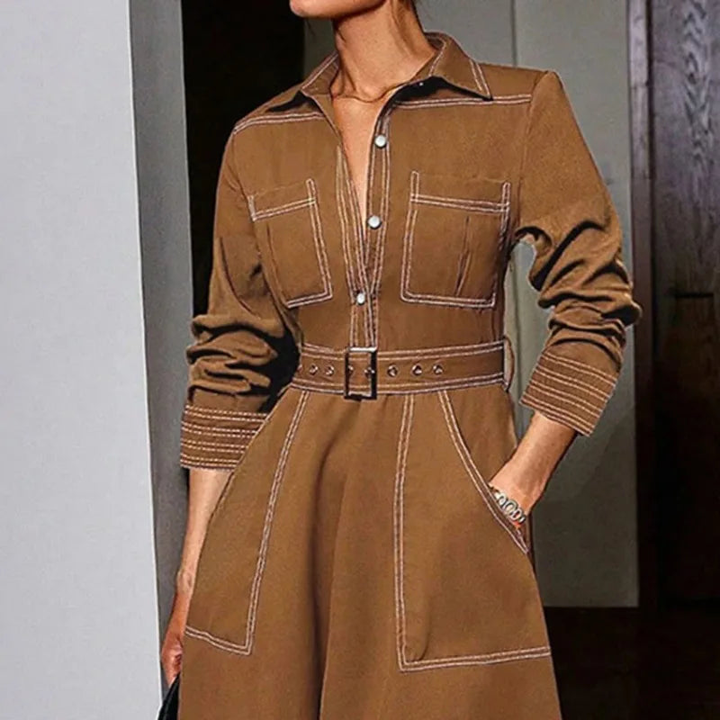 Women Lapel Collar Long Sleeves Contrast Stitch Pocket Belted Midi Dresses Elegant Vintage Casual Office Workwear Shirt Dress
