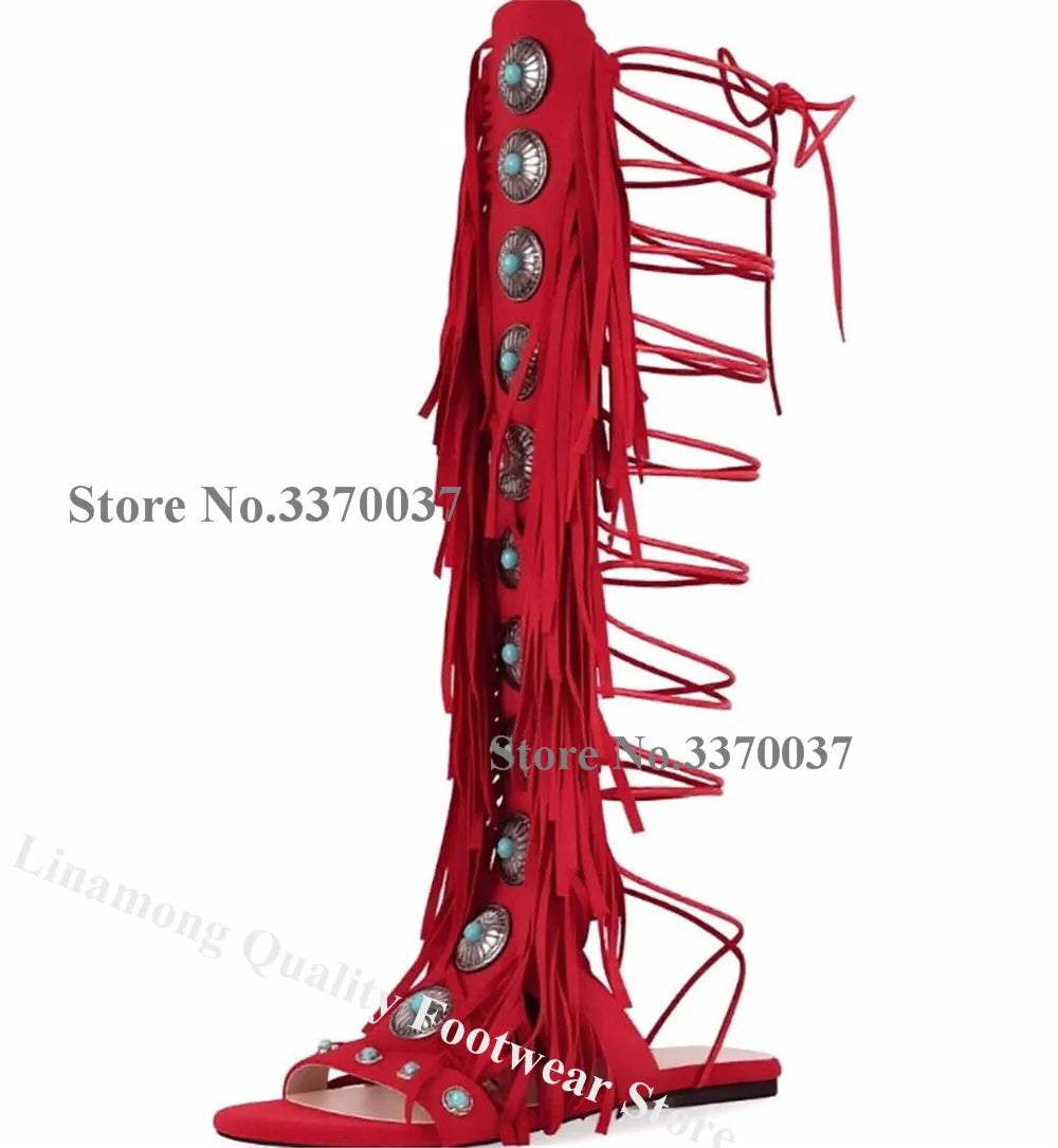 Open Toe Rhinestone Suede Fringe Gladiator Boots for Women