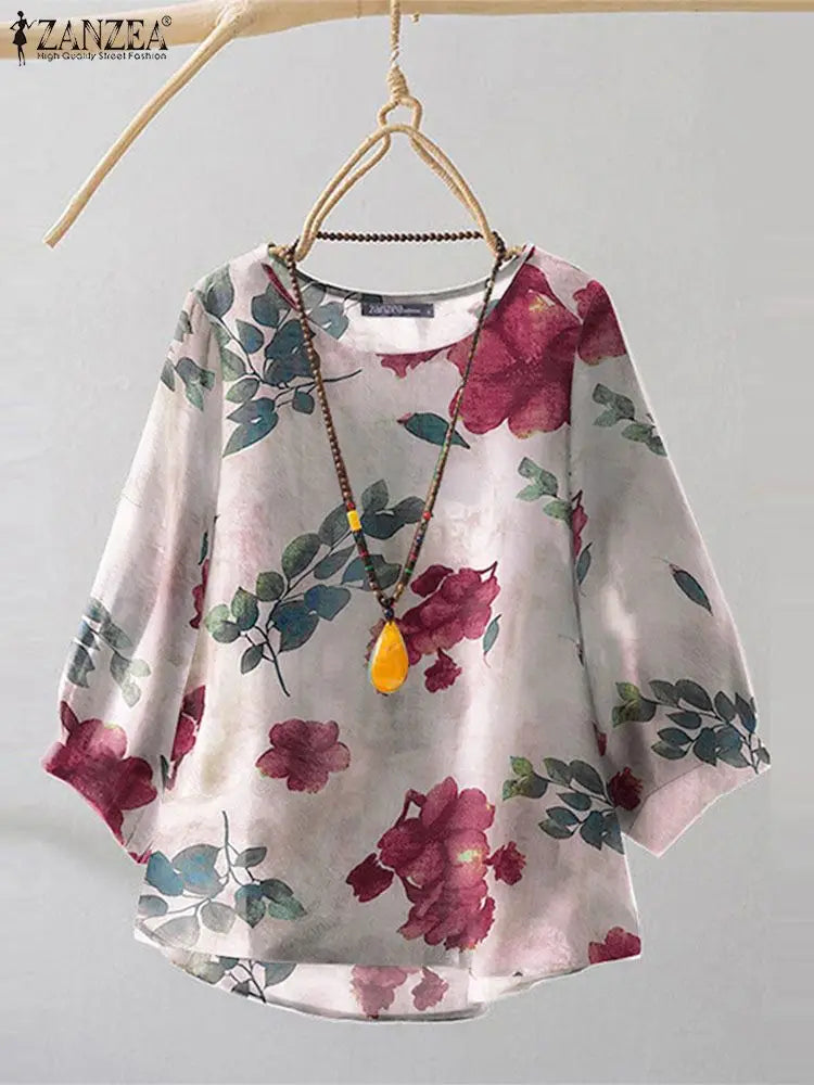 2024 Autumn 3/4 Puff Sleeve Tees ZANZEA Women Round Neck Tops Vintage Ethnic Style T Shirt Holiday Floral Printed Smock Blouse