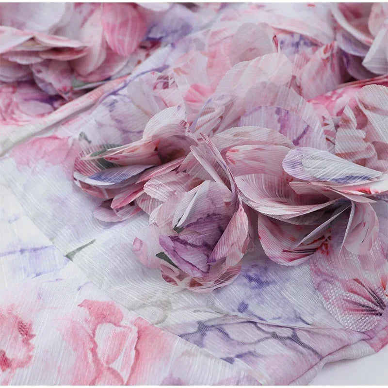 Trendy Floral Print Flare Sleeve V Neck Mini Dress Elegant High Waist Pleated Woman Vestidos 2025 New Autumn Evening Party Gown