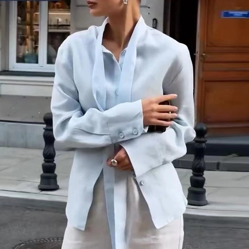 Fashion High Street Loose T-shirt Simple Solid Color Lapel Long Sleeved Shirt New Autumn Single Breasted Women's Casual Top Tees