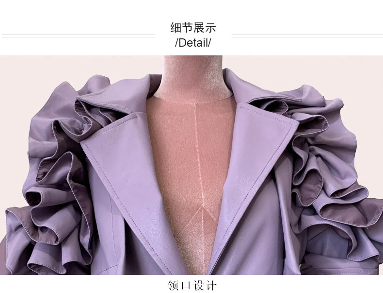 Long Purple Faux Leather Trench Coat With Ruffled Collar For Women