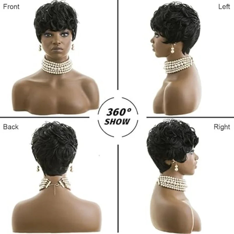 Synthetic Hair Natural Wavy Short Pixie Black Wig for Women