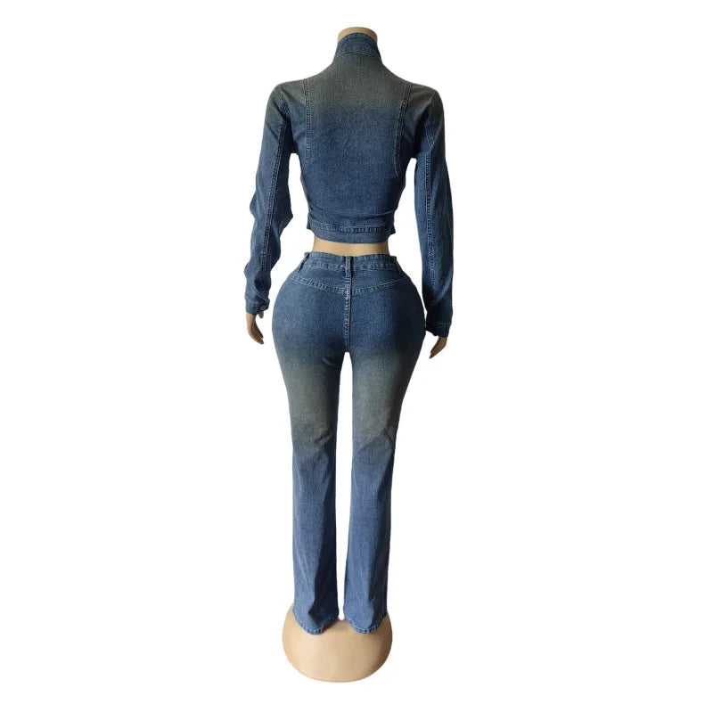 Elegant Blue Denim Matching Jacket And Trousers Set For Women