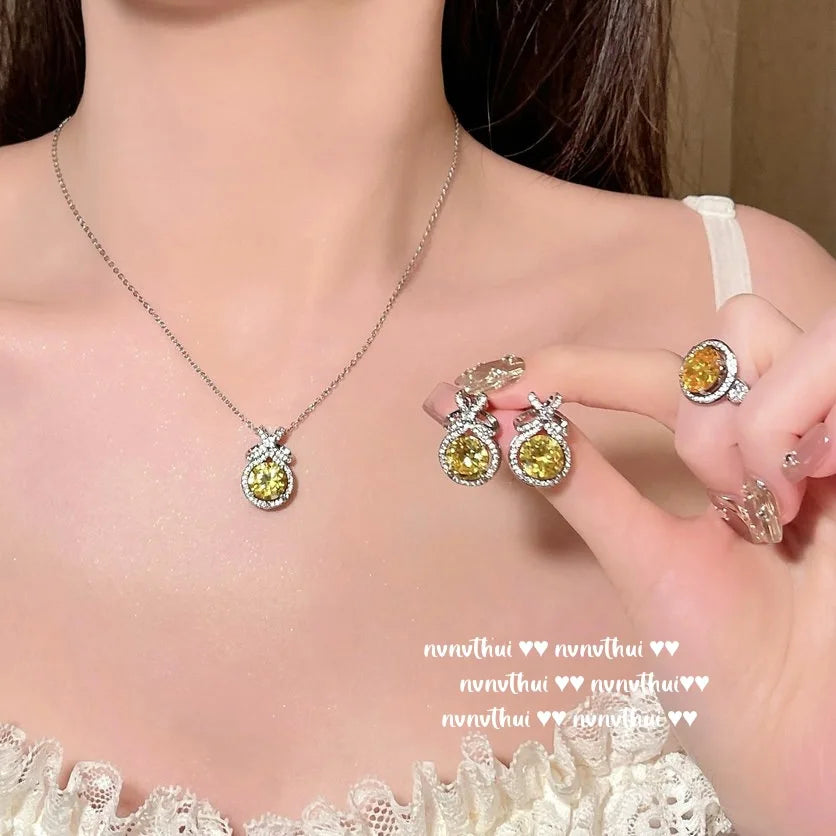 Round Cut Yellow Cubic Zirconia Bridal Jewelry Set for Women