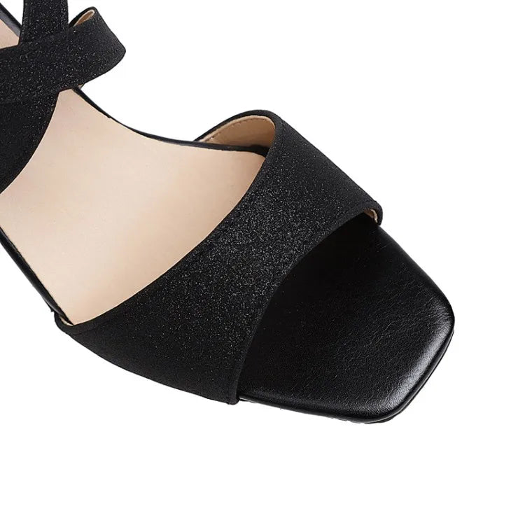 Square Heel Buckle Cross Strap Sandals