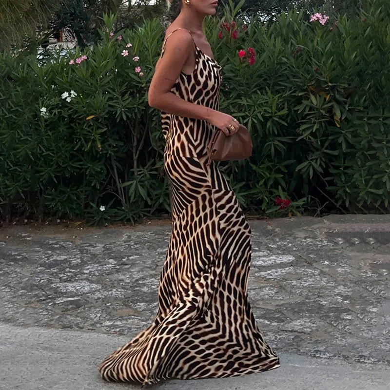 Vintage Leopard Print Slim Straps Long Dress Lady Casual Holiday Beach Bohemian Dress Spring Summer V Neck Sleeveless Maxi Dress