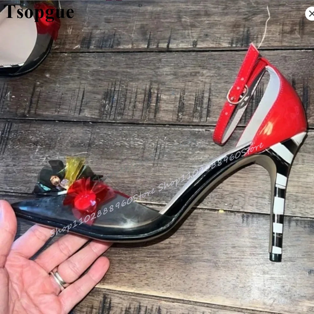 Mixed Color PVC Flower Decor Sandals Thin High Heel Women Shoes Ankle Buckle Strap Pointed Toe 2025 Fashion Zapatos Para Mujere