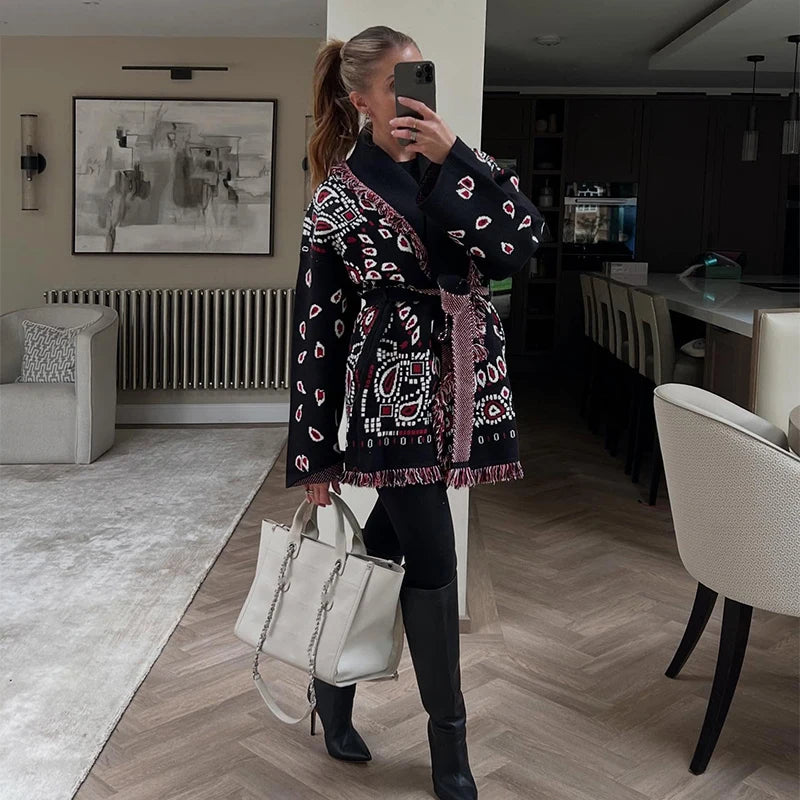 Casual Tassel Knit Open Front Long Cardigan for Women