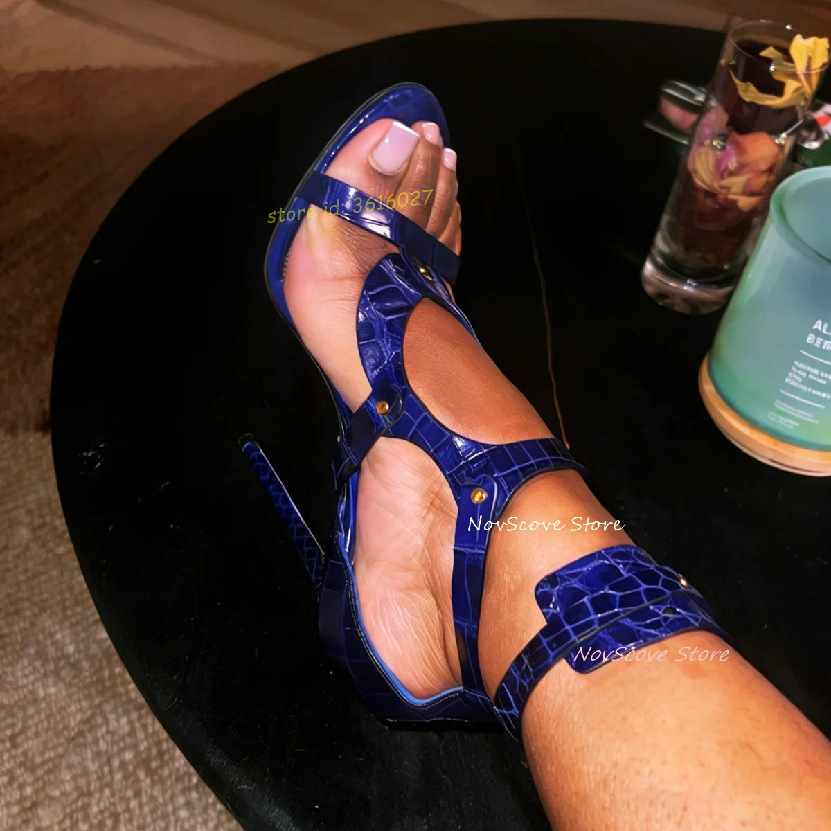 Blue Alligator Print Cutout High Heel Sandals With Buckle Strap For Women