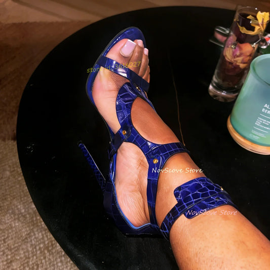 Blue Alligator Print Cutout High Heel Sandals With Buckle Strap For Women