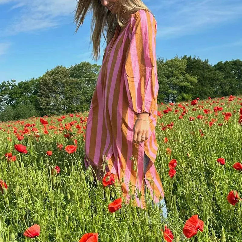 Elegant Striped V Neck Long Sleeve Maxi Dress for Women