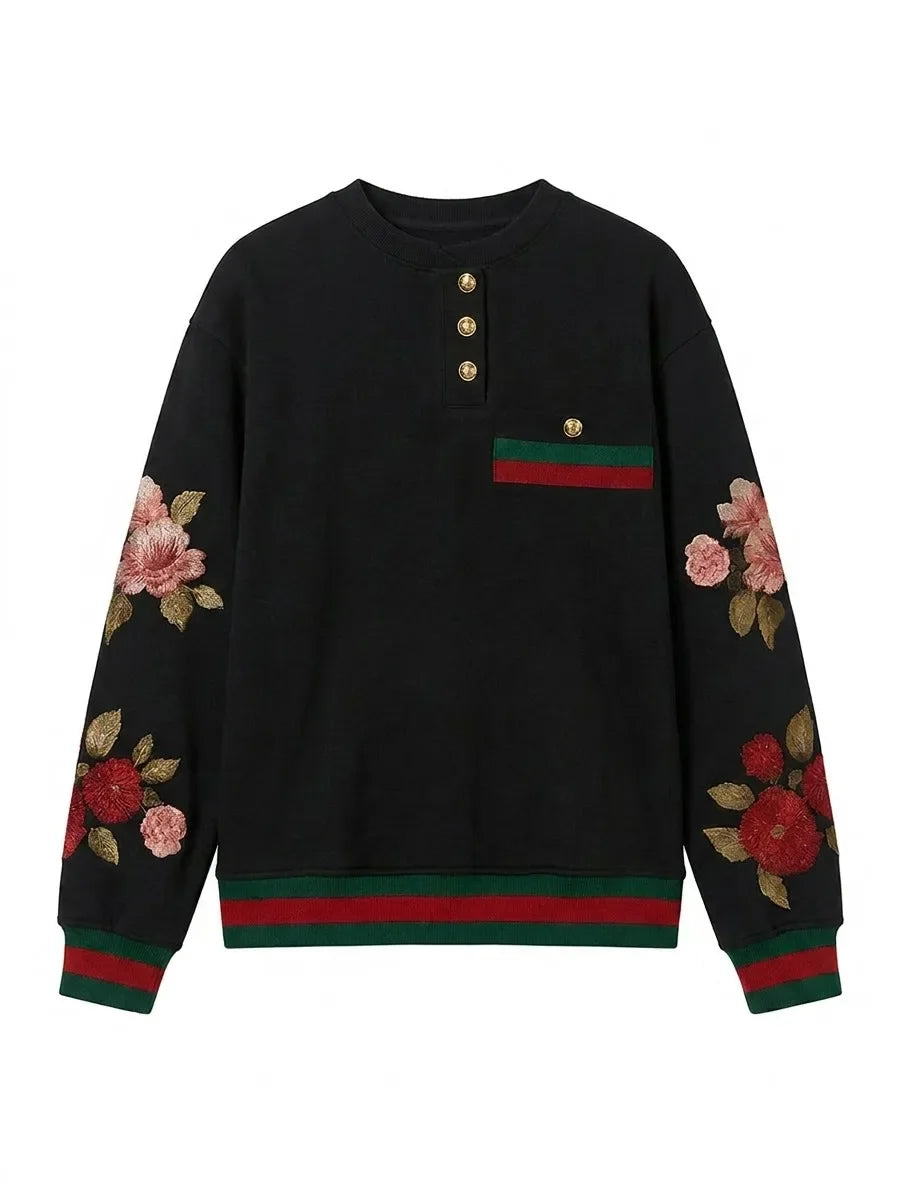 Women Elegant Vintage Floral Printed Gold Button Sweatshirt 2026 New Round-Neck Long Sleeve Loose Casual Office Pullover Tops
