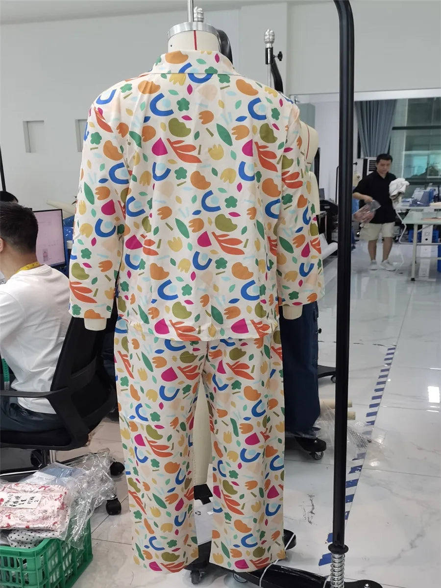 Women Pajamas Set 2 Pieces Loungewear Suits Fashion Print Button up Long Sleeve Tops and Elastic Pants Sleepwear Outfits Pjs