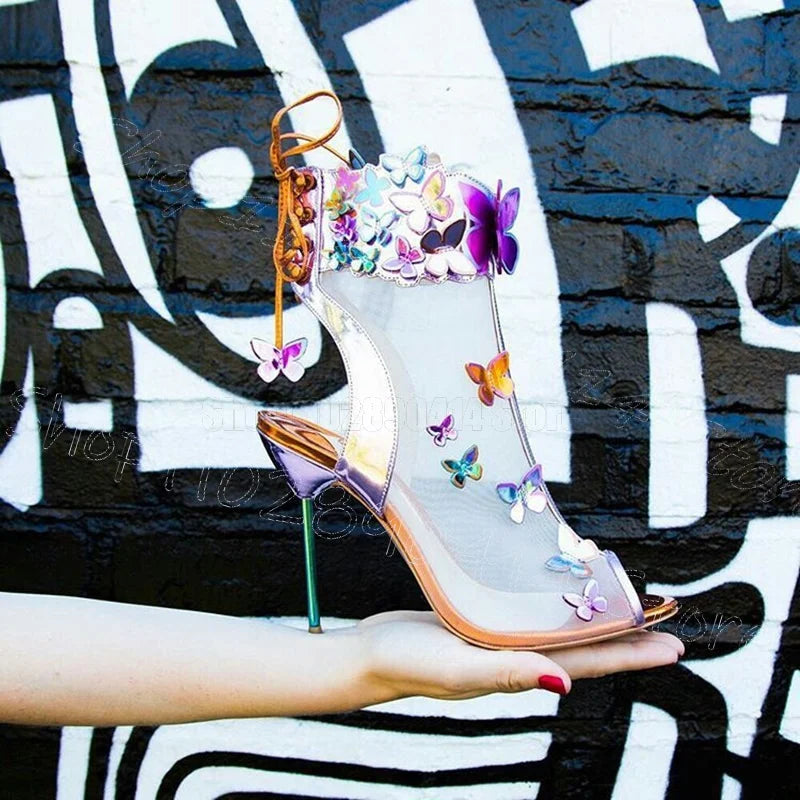 Glitter Butterfly Mesh Peep Toe Strappy Sandals For Women