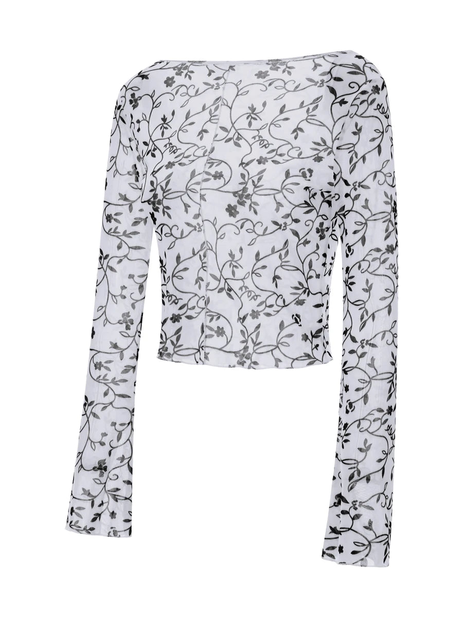 Women'S Sheer Mesh Top With Long Sleeves  Flared Sleeves Floral Print Slim Fit T-Shirt  Boat Neck Print Mesh Long Sleeved Shirt