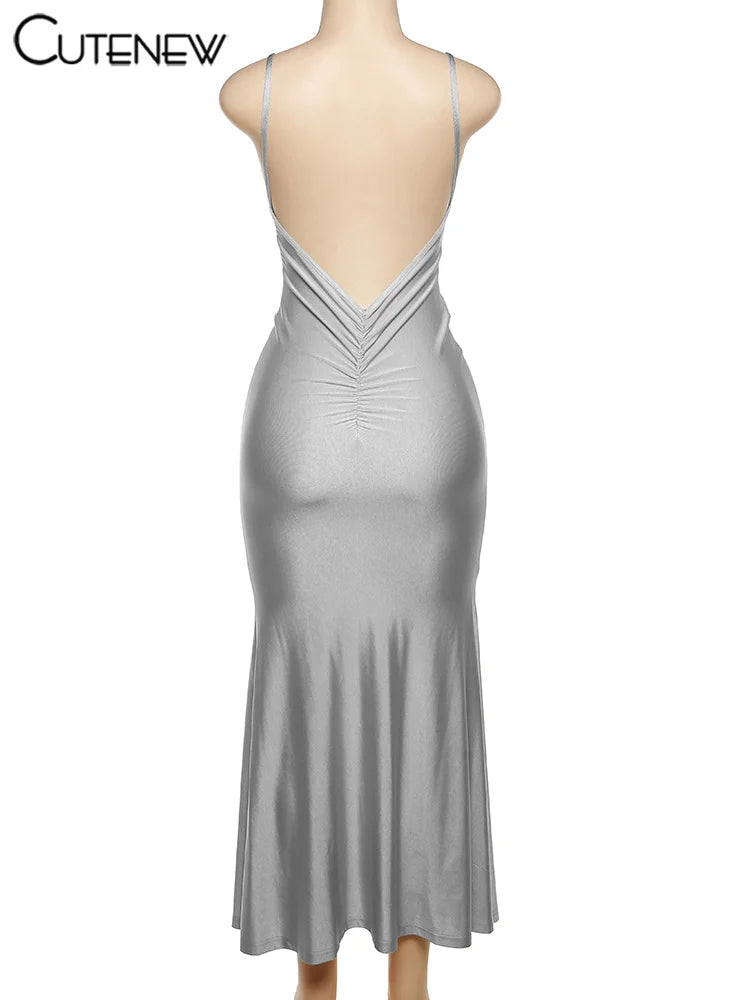 Red Shiny Backless Maxi Dress