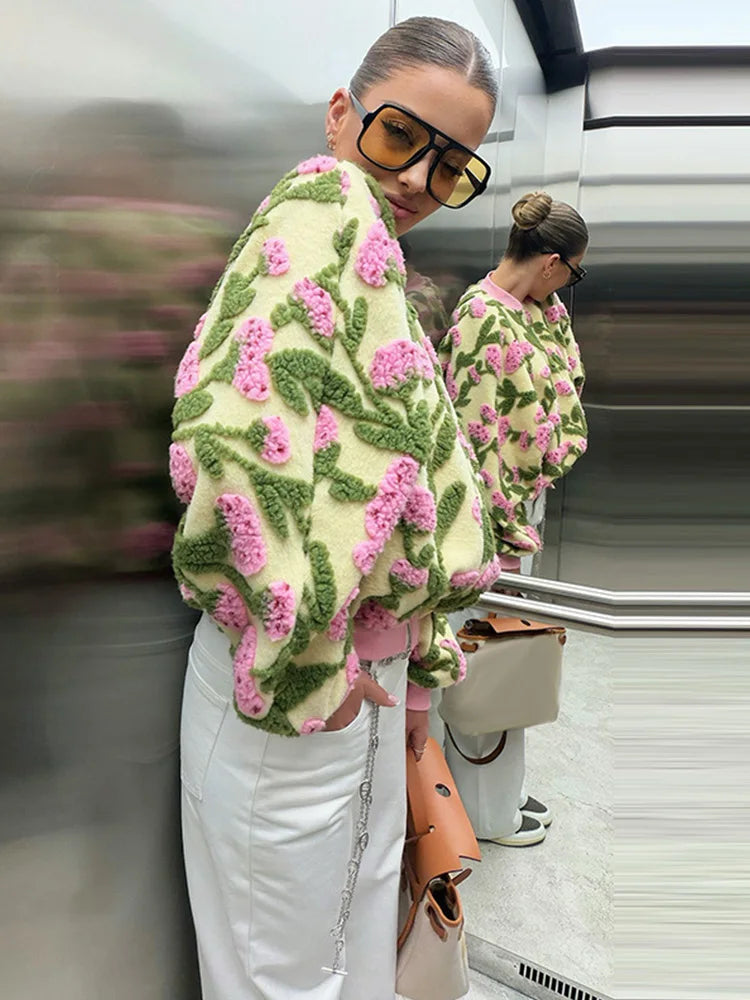 Casual Floral Print Bomber Jacket With Collar For Women
