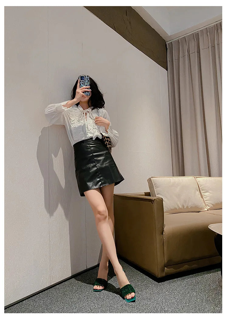 Dark Green Satin Rhinestone Square Toe Slide Sandals for Women