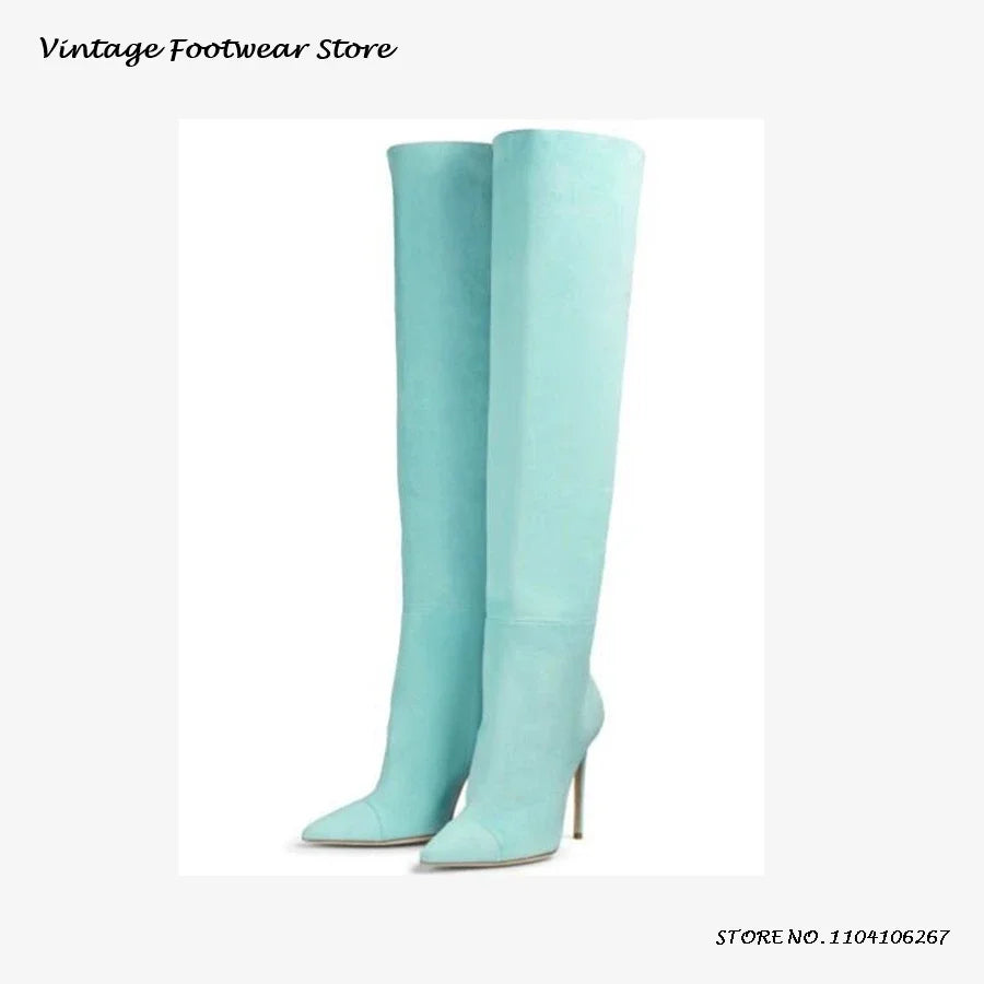 Yellow Suede Pointed Toe Knee-High Boots for Women