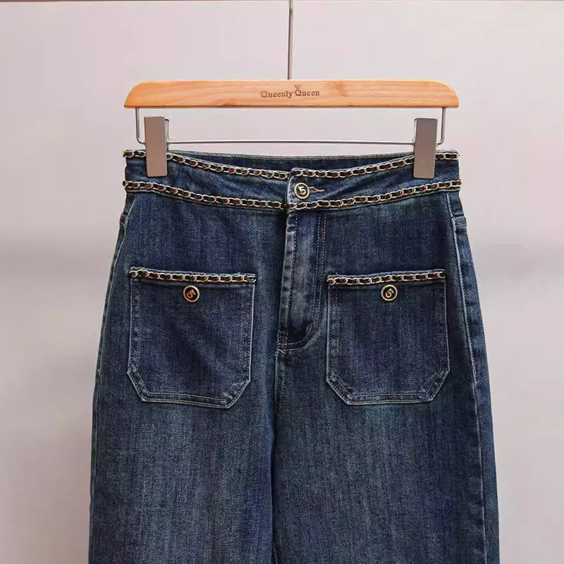 ANJY Autumn Women American Style Vintage High-End Chain Design Slimming Straight Jeans Ins Trend Versatile Wide-Leg Pants A10635
