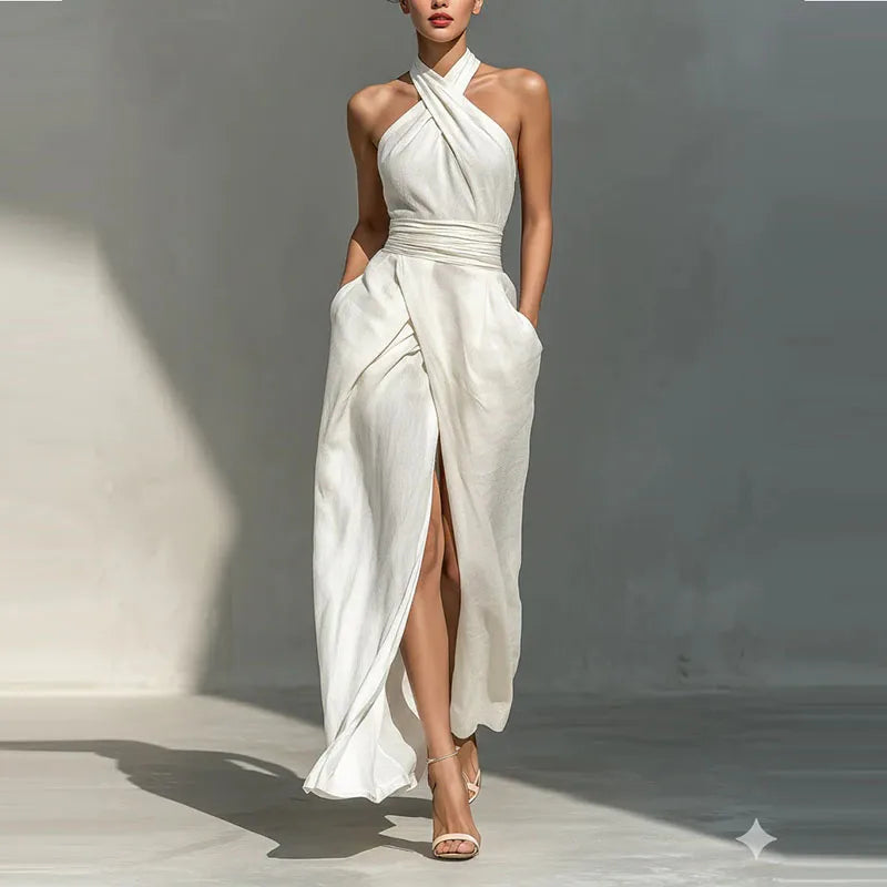 Criss Cross Halter Ruched Slit Maxi Dress for Women