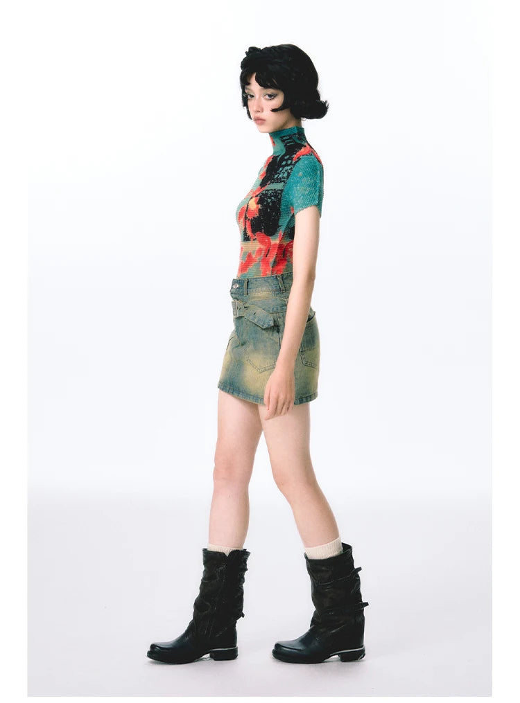 Women Bodycon T-Shirts Short Sleeve Tie Dye Tees Stretch Crop Tops Goblin Core 2000s Coquette Gyaru Aesthetic Kpop Kawaii Summe